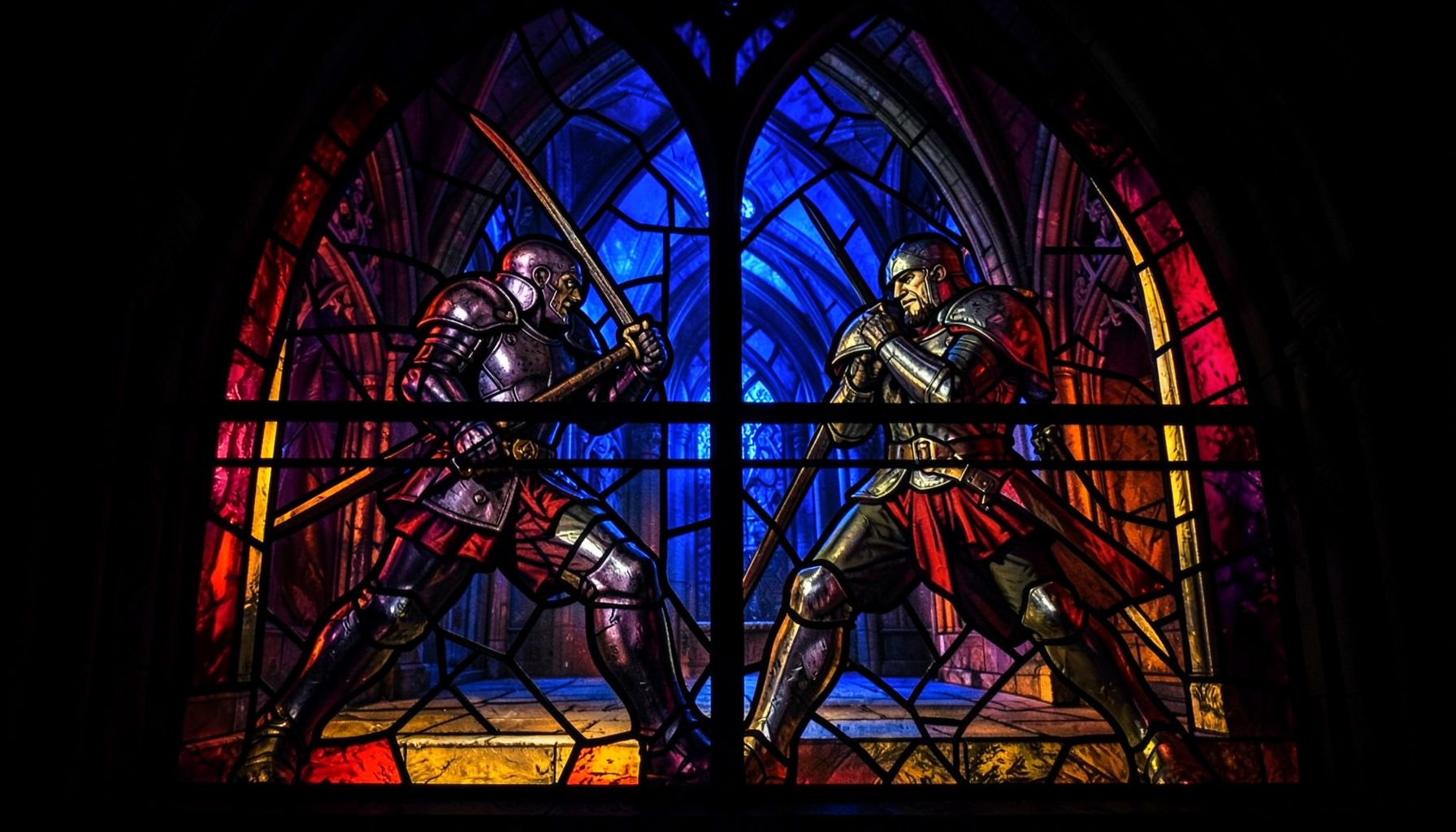 A stained-glass composition with bold leaded segments depicting two armoured fighters in mid-combat, framed by deep ruby reds, cobalt blues, and amber golds against a dark medieval hall interior.