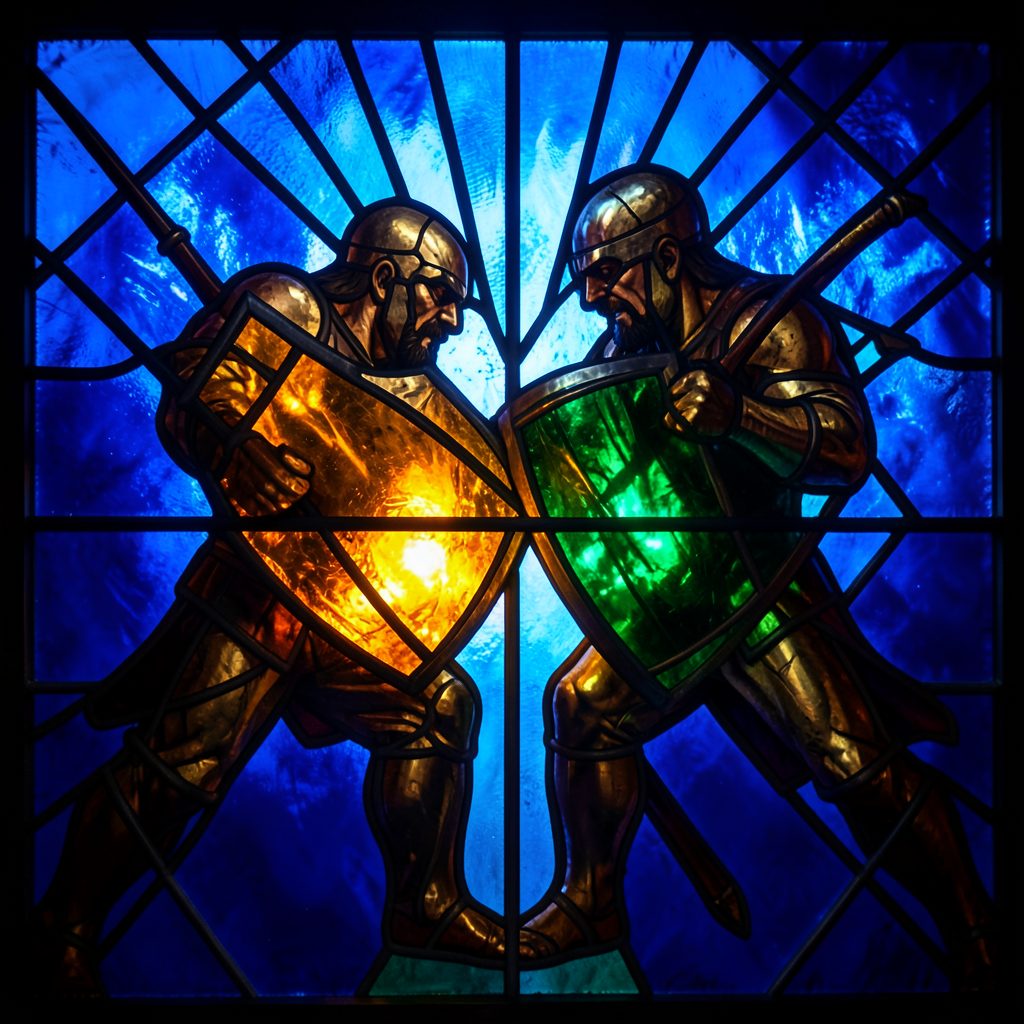Stained-glass composition of two fighters in close combat, shields locked, amber and emerald glass segments glowing with intensity.