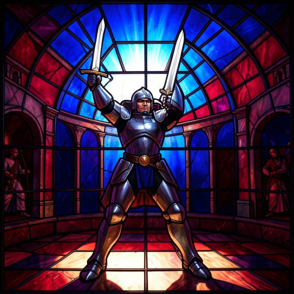 Stained-glass style scene of a single armoured fighter raising a sword in a sunlit arena, deep crimson and cobalt segments framed by dark lead lines.