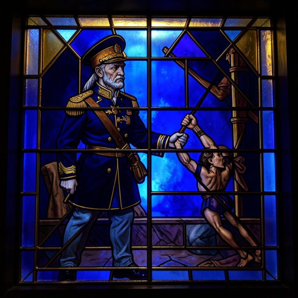 Stained-glass panel of a marshal observing a bout, rich indigo and gold tones with bold geometric leaded divisions.