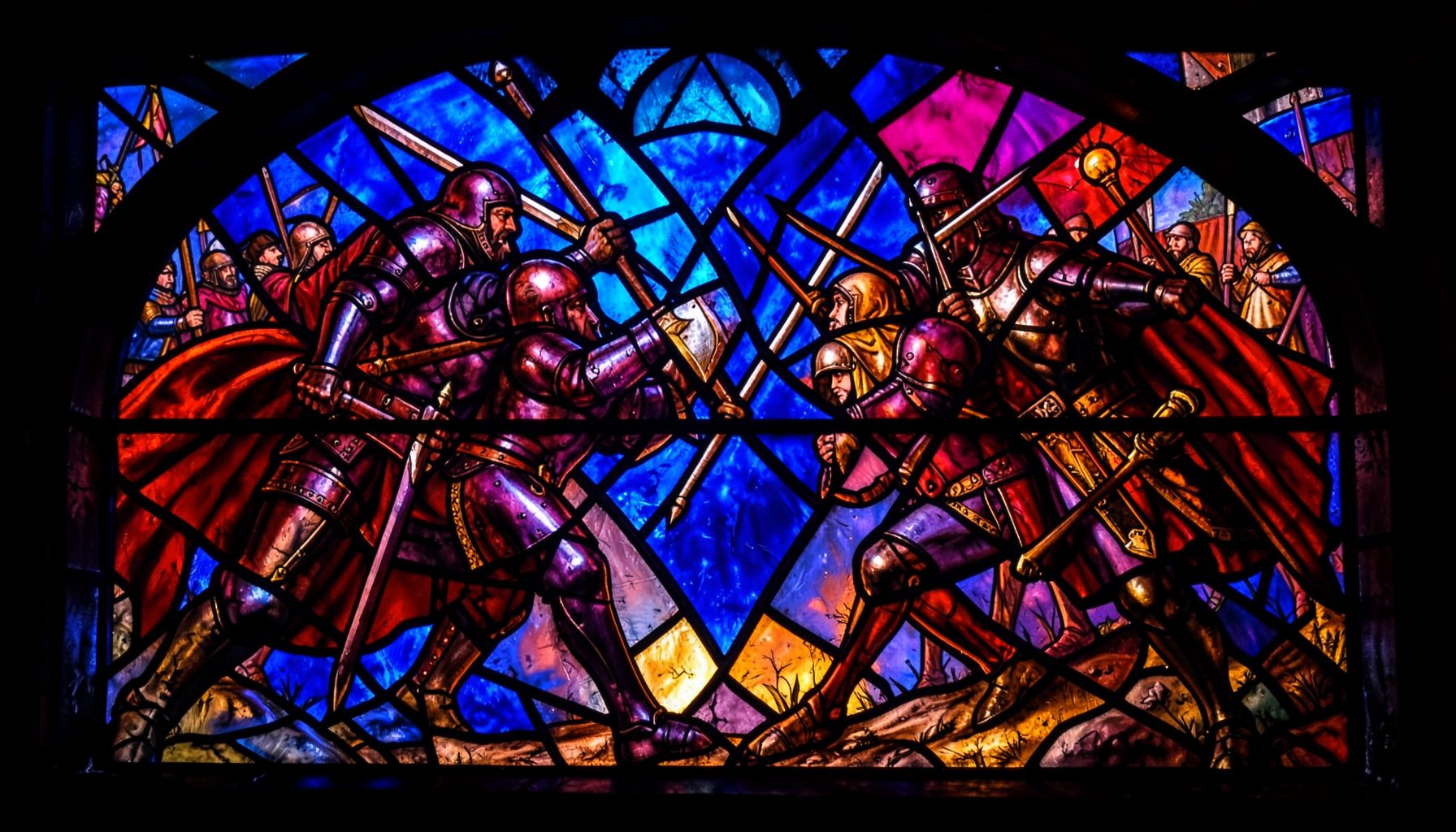 A dramatic stained-glass composition with bold leaded segments depicting armoured fighters clashing in a medieval tournament, rich jewel tones of ruby, sapphire, and amber glowing against dark iron framing.