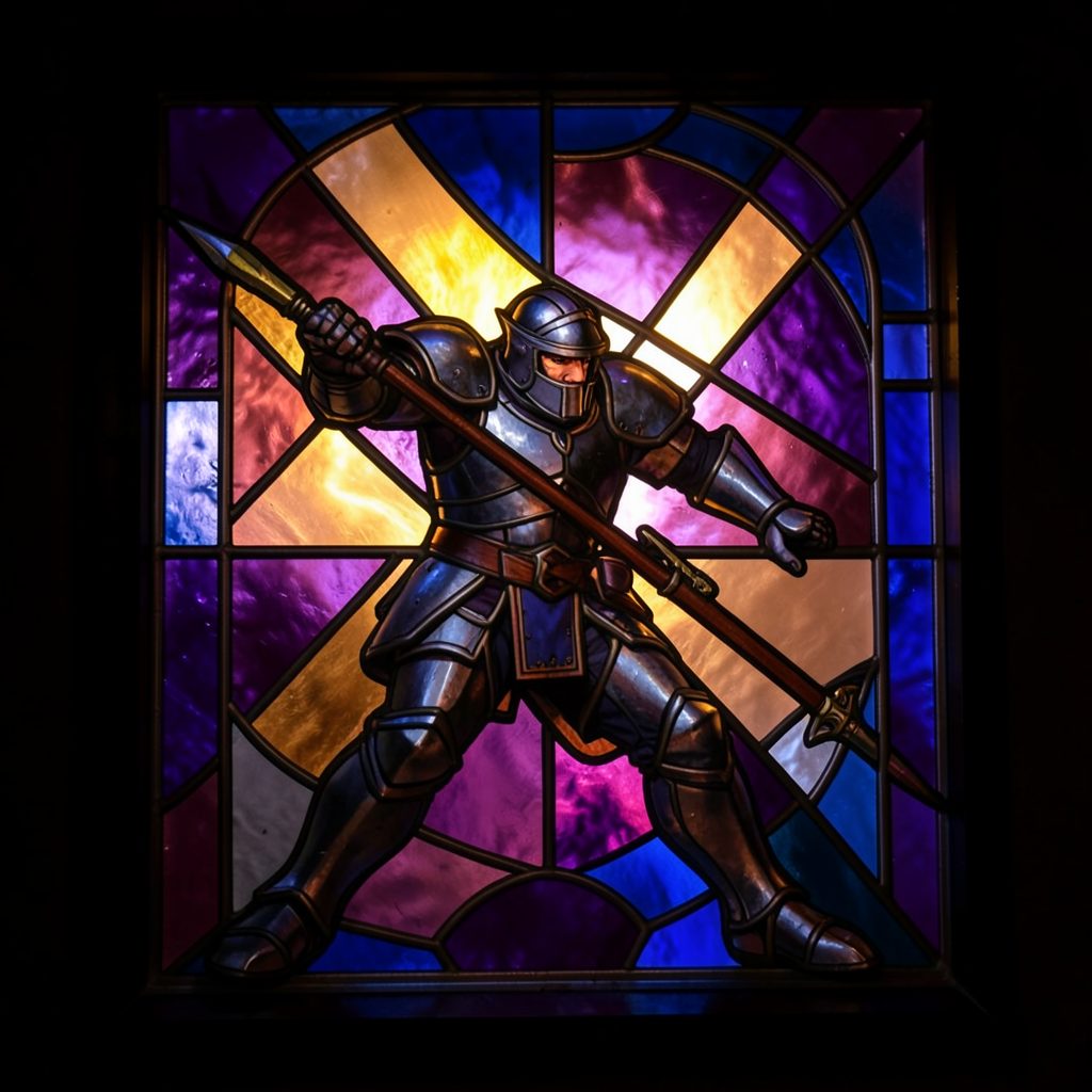 Stained-glass panel of an armoured fighter mid-swing with a polearm, warm amber and deep violet glass against dark lead framing.