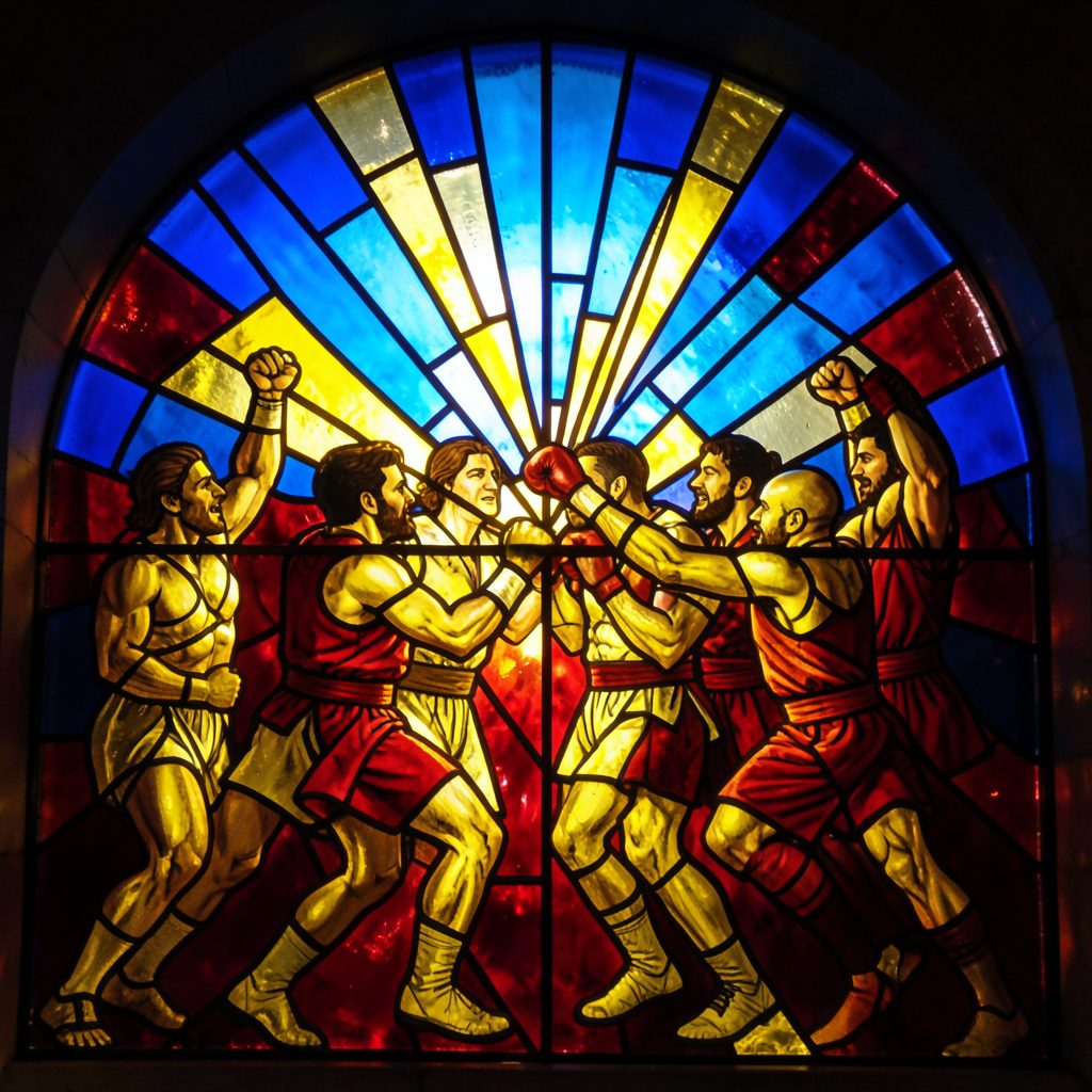 Stained-glass composition of fighters celebrating after a bout, bright gold and crimson segments radiating through bold lead lines.