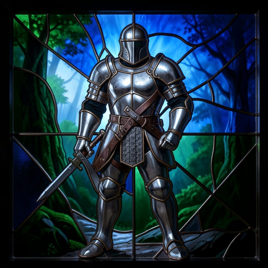 Stained-glass panel of a fighter in full plate armour standing ready, deep forest green and iron grey segments with crisp lead outlines.