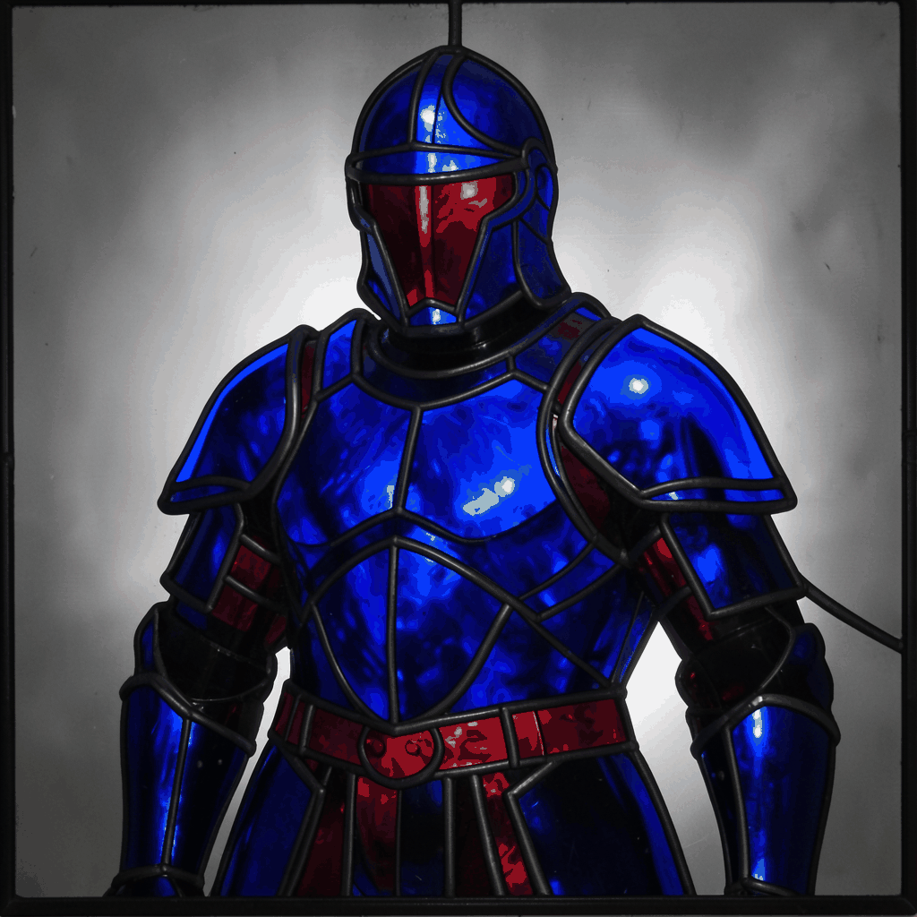 A stained-glass portrait of a fighter in full plate armour, deep cobalt blue and crimson glass segments with bold black lead lines, set against a muted steel-gray background.